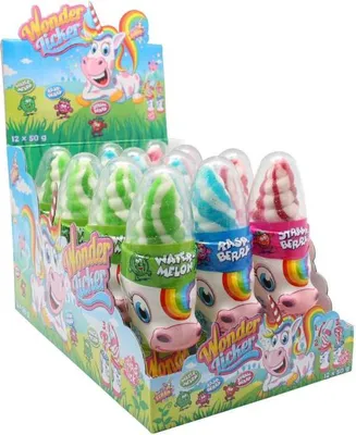 Produktbild von Display Komplett Einhorn Wonder Licker, Lutscher, 50g mit saurem Pulver 12 Stück