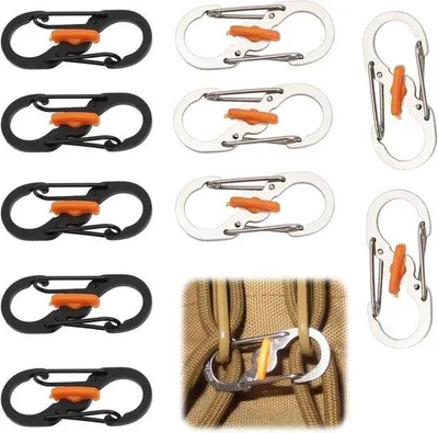 Productafbeelding van Set van 10 kleine, S-vormige karabijnhaakjes - Roestvrij staal - Mini karabijnhaakjes met dubbele sluiting - Bescherming tegen diefstal en vallen - Geschikt voor sleutels en outdoor activiteiten