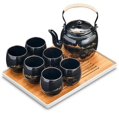 Produktbild von Japanisches Teeservice, Chinesische Teeservice aus Keramik, Ideal Für Asiatische Teekanne für Teeliebhaber, Schwarzes Porzellan-Teeset, Chinesische Kung-Fu-Tee-Set mit 8 Tassen (Goldene Landschaft)