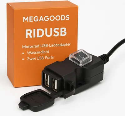 Produktbild von Motorrad USB Ladeadapter 2-Port wasserdicht mit Spiegelhalterung DE.
