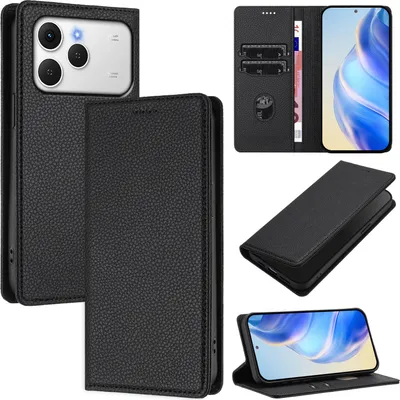 Produktbild von Litchi Leder Handyhülle für Tecno Spark 40 4G Wallet Kartenfächer Standfunktion Hülle Schwarz