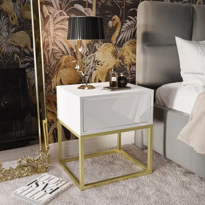 Produktbild von BLANCO GOLD II Nachttisch auf einem goldenen Gestell, Gold matt / Weiß hochglanz