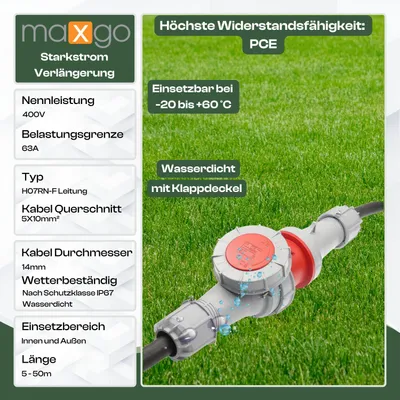 Produktbild von CEE Verlängerungskabel wasserdicht H07RN-F 5G10 5x10 63A PCE IP67 5-50m, Größe:5G10/ 35m