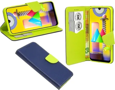 Imagen del producto de Funda tipo cartera "Fancy" compatible con el teléfono SAMSUNG GALAXY M31 (M315F). Estuche protector con función de soporte, compartimento para tarjetas, color azul-verde