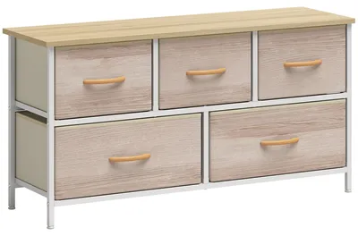 Produktbild von Kommode mit 5 Schubladen, Stoffkommode mit Metallrahmen und Holzoberfläche, Naturholz und Weiß