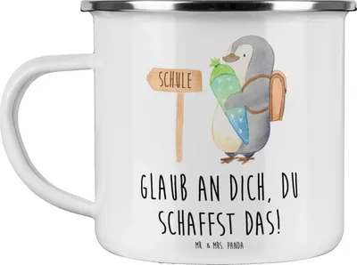 Produktbild von Mr. & Mrs. Panda Teetasse Schulanfang Glaube - Weiß - Geschenk, Erstklässler, Trost, Selbstvertrauen, besondere Momente, Motivation, Campingbecher, Pott, Kaffeepott