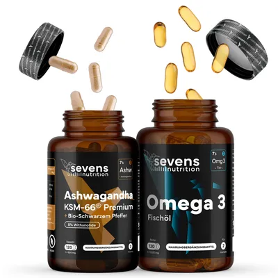 Produktbild von Ashwagandha KSM-66 600 mg 120 Kapseln + Omega 3 2000 mg 120 Kapseln mit EPA DHA – Set – Sevens Nutrition