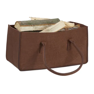 Produktbild von 8 x Kaminholztasche aus Filz, tragbarer Feuerholzkorb, faltbarer Zeitungshalter HxBxT: 25 x 25 x 50 cm, Filzkorb, braun