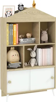 Image de Étagère pour enfants - Étagère à livres en bois - 4 compartiments - Pour la chambre d'enfant - Pour les jouets et les livres - Blanc et naturel