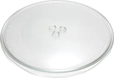 A clear glass turntable for a microwave oven, shown from a slightly elevated angle against a white background.