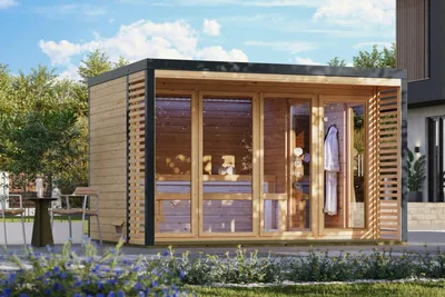 Image de Karibu Saunahaus : Sauna extérieure, sauna de jardin, modèle Ares 4, non traité, sans accessoires, en bois massif de 38 mm, dimensions : 359 x 276 x 232 cm