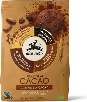 Produktbild von Alce Nero 217361, Keks, Kakao, 250 g, Gluten, Wheat flour (contains gluten), cane sugar, cocoa nibs (10%), cocoa butter, extra-virgin olive oil..., Store in a dry cool place, away from light. Carefully close the pack after opening.