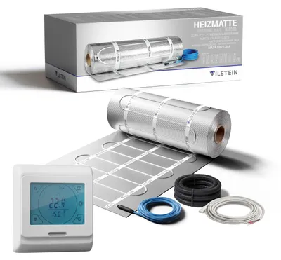 Produktbild von VILSTEIN Aluminium-Fußbodenheizung 150W/m² – Elektrische Heizmatte für Laminat, Parkett & Vinyl, selbstklebend, zuschneidbar, Touchscreen-Thermostat, Komplettset 9m²