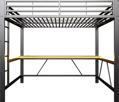 Produktbild von Merax Etagenbett 160x200 cm, Gaming-Metall-Hochbett mit LED-Beleuchtung, USB-Ladestation und Schreibtisch, Stockbett, Kinderbett, Jugendbett, Schwarz