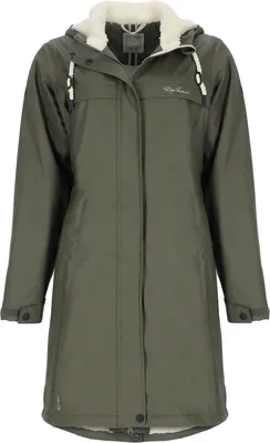 Produktbild von Dry Fashion Damen Regenmantel Oslo mit Teddy-Fleece-Futter - Langer PolyurethanMantel wind- und wasserdicht in Oliv Größe 50