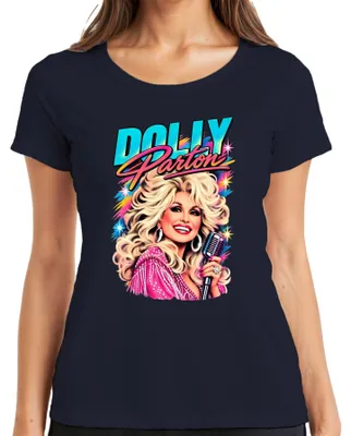 Productafbeelding van Dolly Parton, landelijke muzieklegende, zangeres, retro, Nashville-icoon, dames T-shirt, marineblauw, maat S