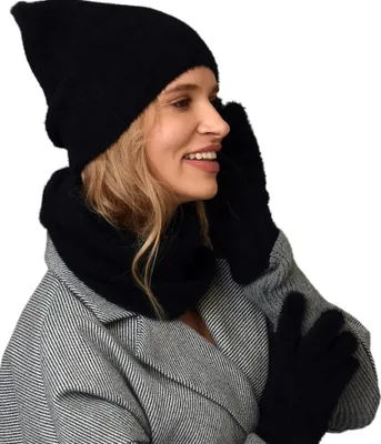 Produktbild von Schwarzes Damen-Set: Mütze, Schal, Halswärmer und Handschuhe - Winterwarmes Set