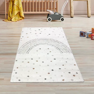 Produktbild von Bezaubernder Kinderteppich mit 3D-Regenbogen aus Punkten in Creme Bunt Größe - 80 x 150 cm