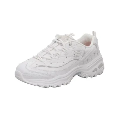 A white Skechers D'lites Glamour Feels sneaker is shown from a side-angle against a white background.