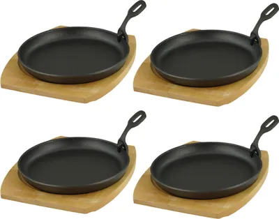 Produktbild von Servierpfanne mit Holzuntersetzer Ø 22cm, Gusseisen 4 Stück im Set