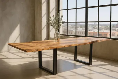 Produktbild von Esstisch Baumkante Akazie stone 180 (280) x 90 mit Ansteckplatten BARCELONA