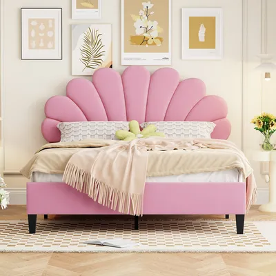Image de okwish Lit double rembourré 140 x 200 cm avec tête de lit fleurie et sommier à lattes, lit pour adultes ou adolescents en velours doux – rose