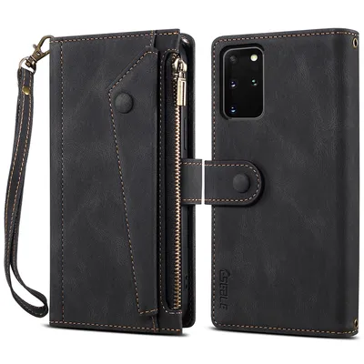 Obrázek produktu pro Ochranné pouzdro pro Samsung Galaxy S20 Plus / S20 Plus 5G, kožené pouzdro na zip, skládací peněženka s přihrádkou na karty, stojánek a poutko černé
