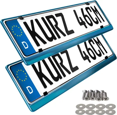 Produktbild von 2 kurze Kennzeichenhalter Edelstahl poliert - in blau - kurz 46x11cm Kennzeichen Halter
