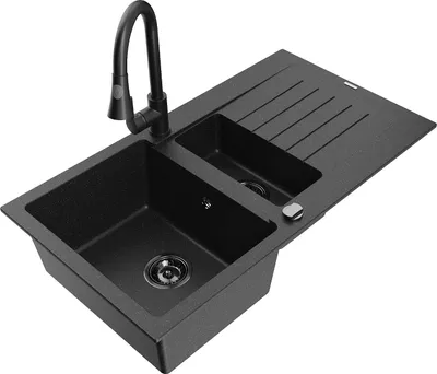 Produktbild von Mexen Matias 1,5-Becken-Granitspüle mit Abtropffläche und Mischbatterie Elia, Schwarz/Silber - 6502-73-670101-70-B