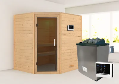 Produktbild von Karibu Sauna Innensauna Mia Eckeinstieg  Ofen 9 KW externe Strg easy 196x169x198 cm  ohne Dachkranz mit Graphittür