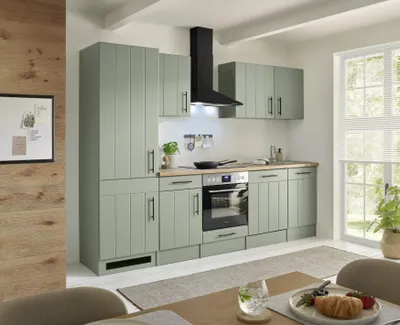 Produktbild von Küche Einbau Küchenzeile Landhaus Grün Anton 280 cm großer Kühlschrank Respekta