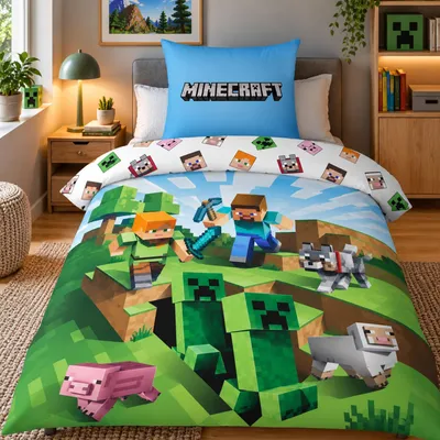 Produktbild von Minecraft Bettwäsche 135x200 80x80cm 2-tlg. Set Battle Hell-Blau 100% Baumwolle mit Reißverschluss