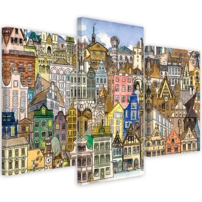Produktbild von Triptychon auf leinwand fröhliche stadt 90x60 cm Feeby farbe wandbild bereit zum aufhängen