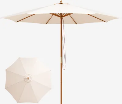 A beige patio umbrella is shown in two views: fully open and closed.