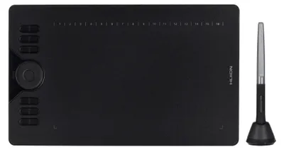 A black graphic tablet and stylus are shown on a white background.