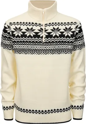 A cream-colored knitted sweater with a black Norwegian pattern and a half-zip.