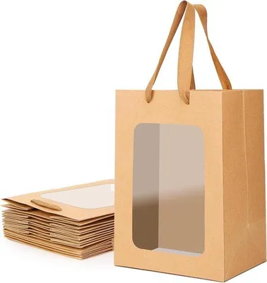 Produktbild von Famanu Papiertüten mit Fenster - 10 Stück, 180 g/m², 20 x 16 x 30 cm, braun