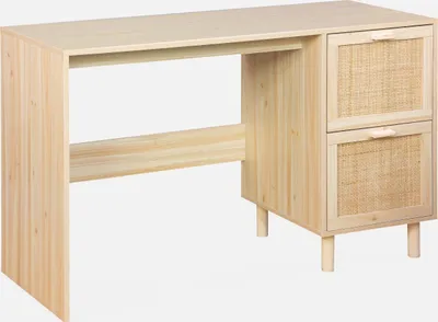 A light wood desk with two rattan-fronted drawers on a white background.