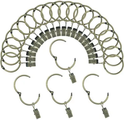 Obrázek produktu pro Kruhy na záclony s klipy, vnitřní průměr 5 cm, háčky z nerezové oceli, dekorativní záclony, vintage bronz, balení po 24 kusech