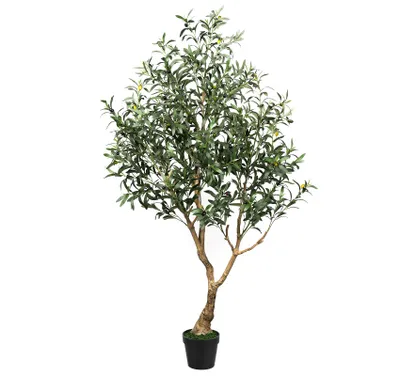 Produktbild von Künstlicher Olivenbaum 180 cm, 3-stämmige Kunstpflanze mit Früchten & schwarzem Topf, Mediterraner Kunstbaum für Wohnzimmer, Büro, Flur und Deko, groß