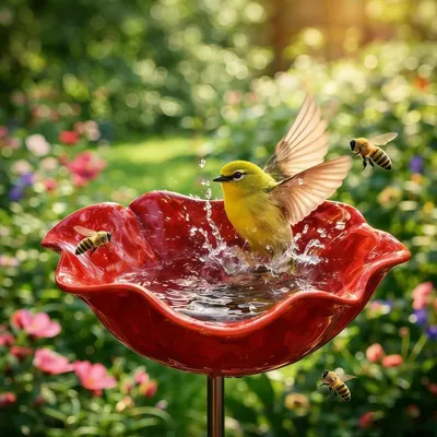 Produktbild von Vogeltränke Garten Metall, Bienen Tränke mit Erdspieß, rostfrei & frostbeständig, dekorative Gartenskulptur für Vögel, Bienen & Schmetterlinge, Rot