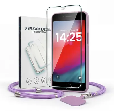Produktbild von Handyhülle für Apple iPhone 7 / 8 / SE 2020 mit Handykette und 9H Displayglas Displayschutz Band Kordel Hülle Case Schutzhülle Lila Violett