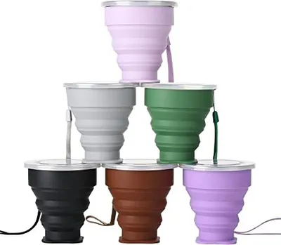 Immagine prodotto di XSEXO 6 pezzi Tazza da viaggio pieghevole con coperchio, in silicone, pieghevole, espandibile, riutilizzabile, adatta per il campeggio e l'escursionismo