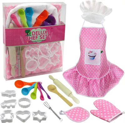 Produktbild von Sliveal Chef Kitchen Playset für Kinder, 13PCS Pretend Toy Rollenspiel Kochen und Backen Set mit Schürze Chef Hut Handschuhe und Besteck