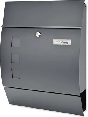 A close-up, front-facing view of a modern, gray mailbox mounted on a wall.