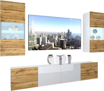 Produktbild von BELINI Wohnwand Vollausstattung Wohnzimmer-Set Moderne Schrankwand mit LED-Beleuchtung Weiß Glänzend Anbauwand TV-Schrank Wotan Eiche / Weiß Glänzend/Matt