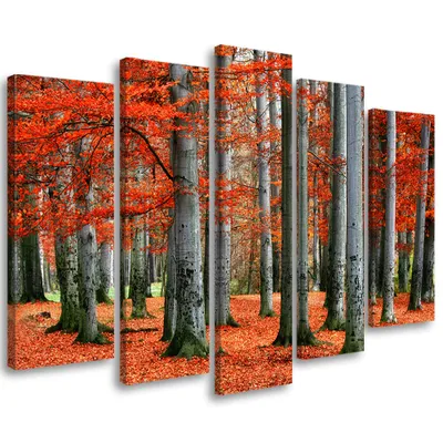 Image de Tableau en toile 5 pièces forêt rouge automne nature 200 x 100 cm Feeby orange tableau mural prêt à accrocher