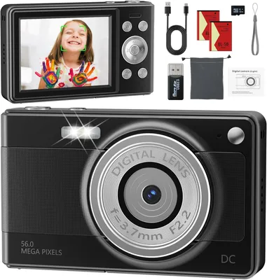 Produktbild von Digitalkamera, Fotokamera, CCD Retro Kamera, 1080P 56MP Kompaktkamera, Kinderkamera, 2,8" LCD-Display, mit 32GB SD-Karte & 2 Akkus