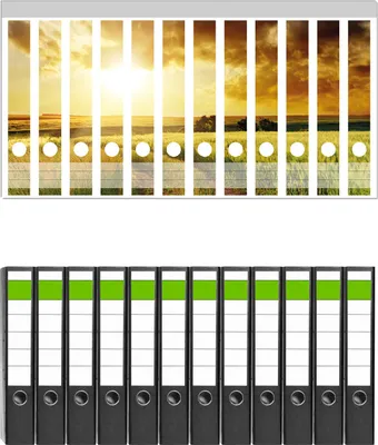 Produktbild von Wallario 12 Stück schmale Ordner inkl. Klebeetiketten mit Motive Feldweg in den Sonnenuntergang -  Set mit Rückenschildern / Ordnerrücken Stickern