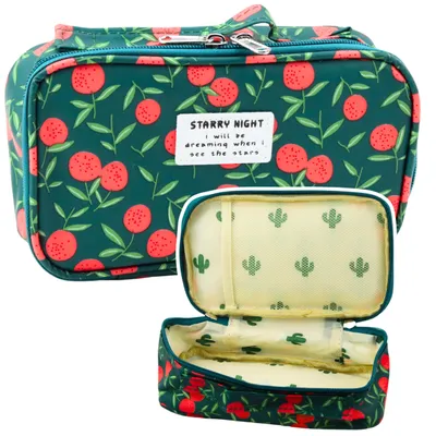 Zdjęcie produktu dla Piórnik szkolny Organizer Pojemna dodatkowa kieszeń Wiśnie Zielone 21,5cm
